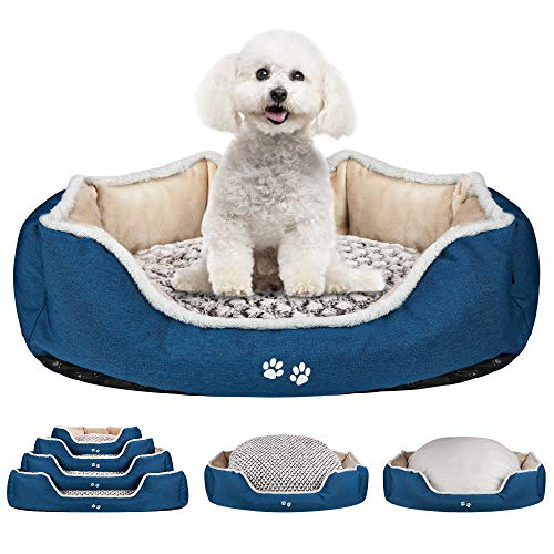 KROSER Cama de Perro con Almohada Reversible, Lavable a Máquina Cubiertas Extraíbles,Fondo Impermeable Antideslizante,65cm Cama para Mascota Pequeños y Gatos de hasta 11kg-Marrón Claro/Azul