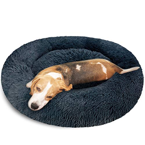 KROSER Cama para Perros Cama de Felpa para Mascota Redonda Rosquilla Grande Cachorro Autocalentamiento Domésticos Verano, Calmante, Portátil, Cómoda y Lavable,82cm(Gris Oscuro)