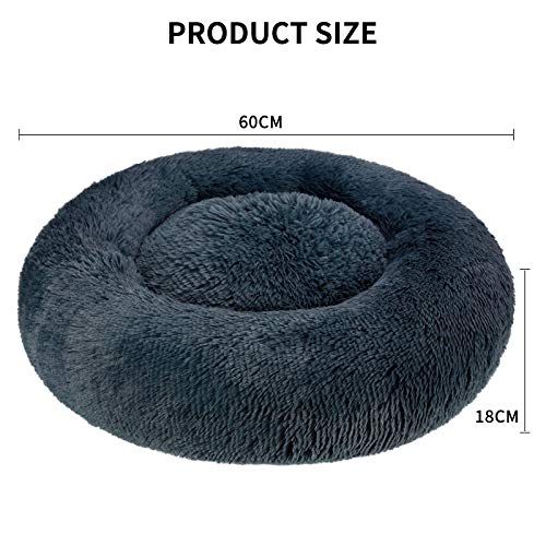 KROSER Cama para Perros y Gatos Cama de Felpa para Mascota Redonda Rosquilla Grande Pequeño Cachorro Autocalentamiento Domésticos Invierno, Calmante, Portátil, Cómoda y Lavable,60cm(Gris Oscuro)