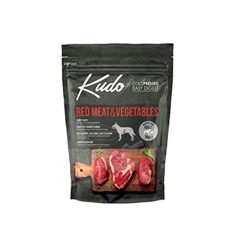 Kudo Pienso Seco Prensado en Frío para Perros Adultos de Todos los Tamaños. Receta Natural Adulto Carne Roja. Sin Gluten. Elaborado con Ingredientes Naturales (3 Kg)