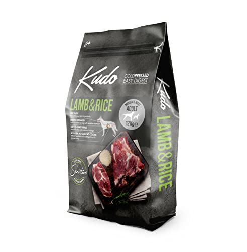 Kudo Pienso Seco Prensado en Frío para Perros Adultos de Todos los Tamaños. Receta Natural Adulto Cordero. Sin Gluten. Elaborado con Ingredientes Naturales (12 Kg)