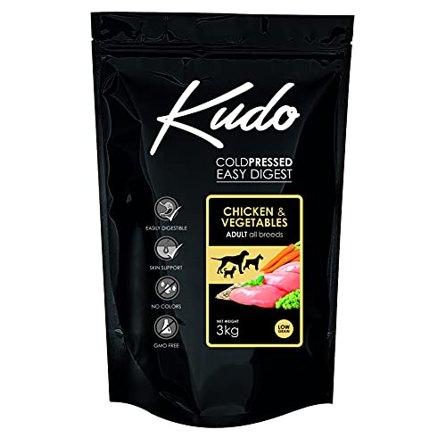 Kudo Pienso Seco Prensado en Frío para Perros Adultos de Todos los Tamaños. Receta Natural Adulto Pollo. Sin Gluten. Elaborado con Ingredientes Naturales (3 Kg)