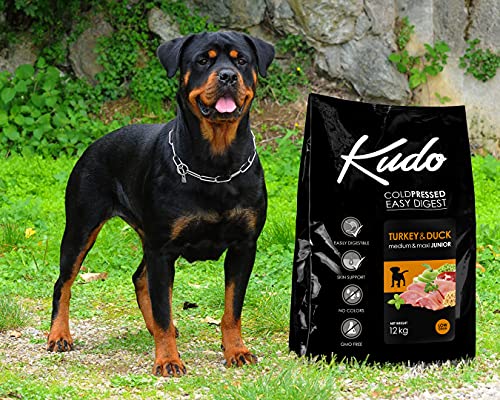 Kudo Pienso Seco Prensado en Frío para Perros Jóvenes. Receta Natural Junior Pavo y Pato. Sin Gluten. Todas Las Razas y Tamaños (3 Kg)