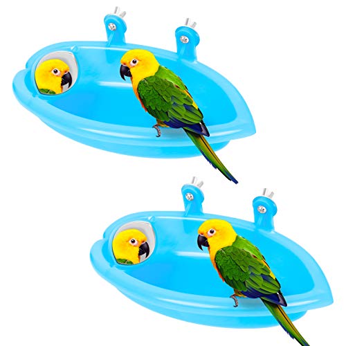 Kulannder Bañera de Juguete para Loros, 2 Piezas, bañera para pájaros, bañera para pájaros enjaulados, baño para pájaros con Espejo para pájaros pequeños, Loro, Cockatiel (Azul)