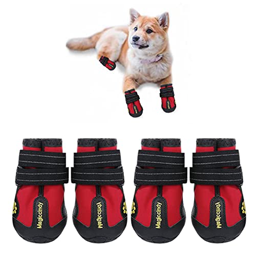 KUMAYES Botas para Perros 4pcs Zapatos Perro Antideslizante Botas Perro con Correa de Cierre Adjustable para Perros Protector de Pata de Botas para Perros (8#, Rojo)