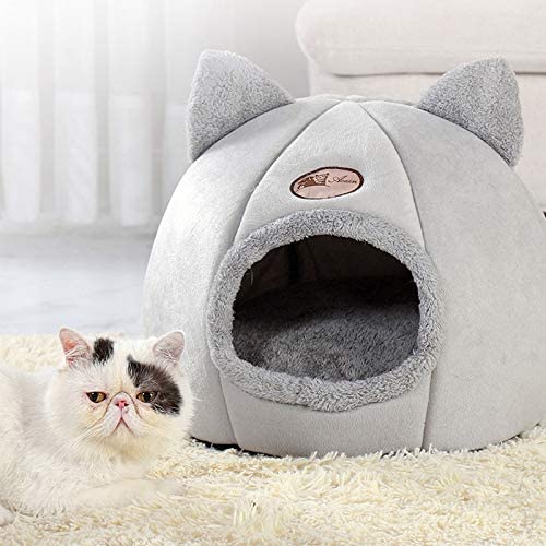 laoonl Saco de dormir para mascotas, cama cómoda para gatos y perros, cama iglú para mascotas ocultando cueva, cojín lavable