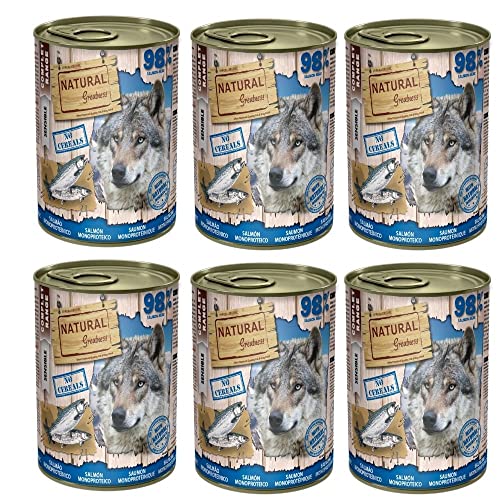 Latas Monoproteicas SALMÓN Natural Greatness para Perros 98% Salmón 6 Latas 400 grs | ANIMALUJOS