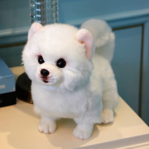 LDBJY Peluche de Perro Pomerania, muñeco de simulación de Perro, Juguetes de Peluche, Juguete súper Realista para Perros, para Amantes de Las Mascotas, Lujo, Blanco como la Nieve, 28 cm, Blanco