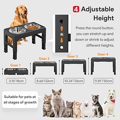 Lewondr Cuenco Elevado para Perros Gatos, Comedero Plegable para Mascotas con Soporte, 4 Alturas Ajustables, 2 Tazones y Estante Acero Inoxidable para Comer y Beber para Perro Pequeño Mediano Grande