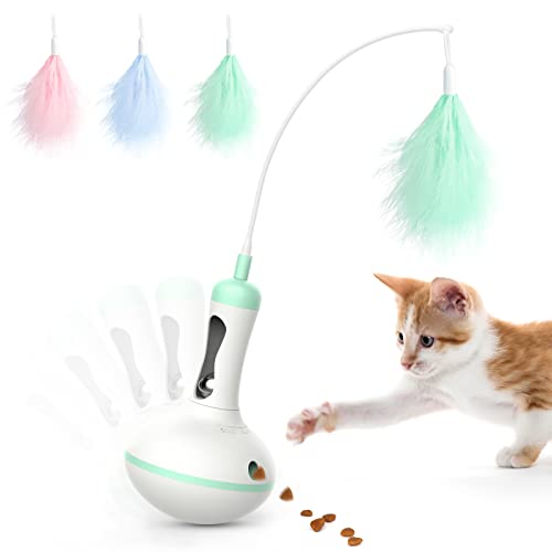 Lewondr Juguete de Pluma para Gatos, Juguete Interactivo, Juguete Divertido para Gatitos con Campana, Diseño de Tentetieso y Dispensador de Comida, para el Entretenimiento para Mascotas, Verde