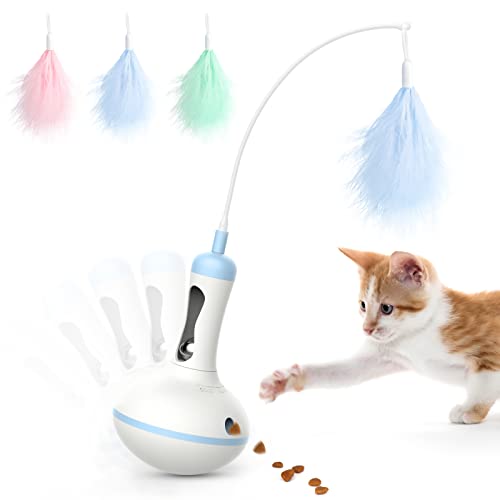 Lewondr Juguete de Pluma para Gatos, Juguete Interactivo, Juguete Divertido para Gatitos con Campana, Diseño de Tentetieso y Dispensador de Comida, para el Entretenimiento para Mascotas, Azul