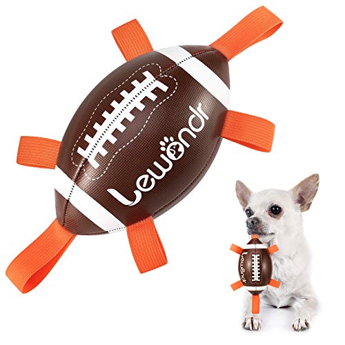 Lewondr Juguete de Rugby para Perros Pequeños y Medianos, Juguete Interactivo con 6 Cintas, 15cm Pelota Interesante para Juego Interior, Deportes Acuáticos al Aire Libre, Marrón/Blanco/Naranja