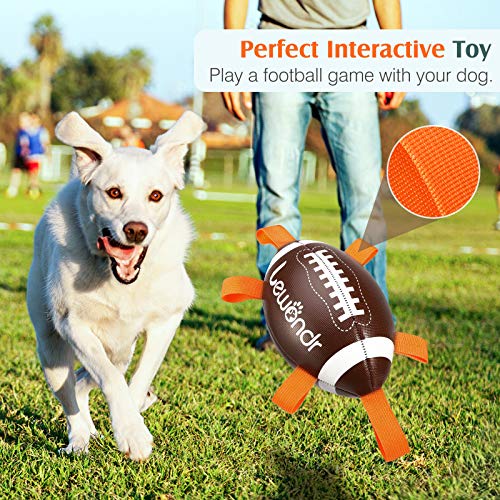 Lewondr Juguete de Rugby para Perros Pequeños y Medianos, Juguete Interactivo con 6 Cintas, 22cm Pelota Interesante para Juego Interior, Deportes Acuáticos al Aire Libre, Marrón/Blanco/Naranja