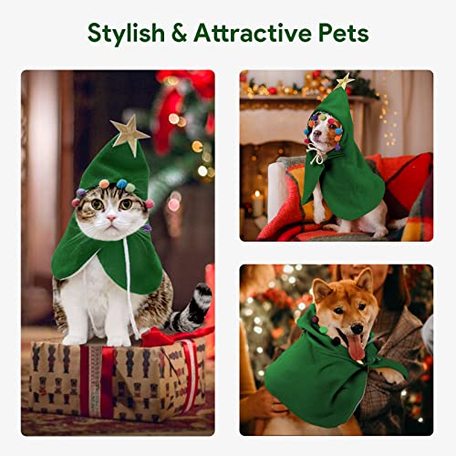 Lewondr Ropa de Navidad para Gatos Perros, Traje de Mascotas, Disfraz de Capa y Capucha Ajustable, con Estrella y Pompón, Abrigo en Invierno para Cosplay, Fiesta, Cumpleaños, Talla Pequeña - Verde