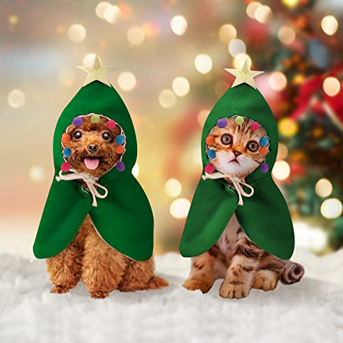 Lewondr Ropa de Navidad para Gatos Perros, Traje de Mascotas, Disfraz de Capa y Capucha Ajustable, con Estrella y Pompón, Abrigo en Invierno para Cosplay, Fiesta, Cumpleaños, Talla Pequeña - Verde