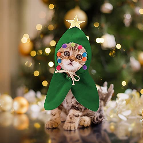 Lewondr Ropa de Navidad para Gatos Perros, Traje de Mascotas, Disfraz de Capa y Capucha Ajustable, con Estrella y Pompón, Abrigo en Invierno para Cosplay, Fiesta, Cumpleaños, Talla Pequeña - Verde