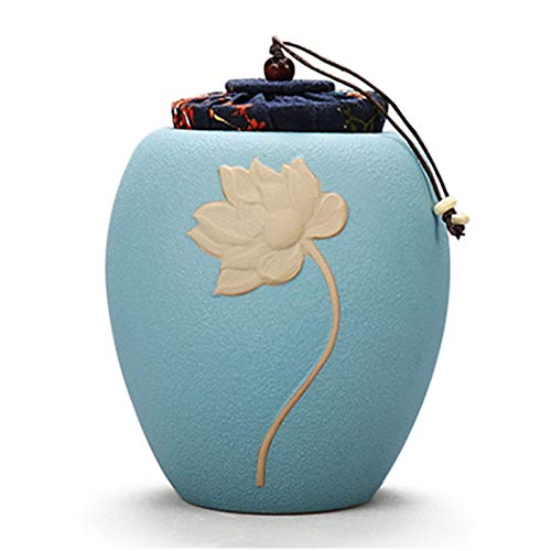 LHMYGHFDP Cerámica Grabado Urnas de cremación para Mascotas Mini Recuerdo de cremación para Perros y Gatos Cenizas Budismo Lotus Chino Zen Urna de Cenizas funerarias,Azul