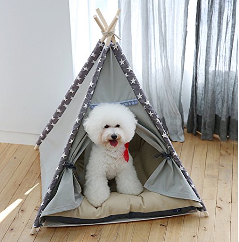 Lily&her friends – Teepee para mascotas hecho de lona de madera y algodón, lavable, cama para perro y gato, tiendas de campaña para perros, casas de mascotas de diseño indio con cojín, cuatro ángulos