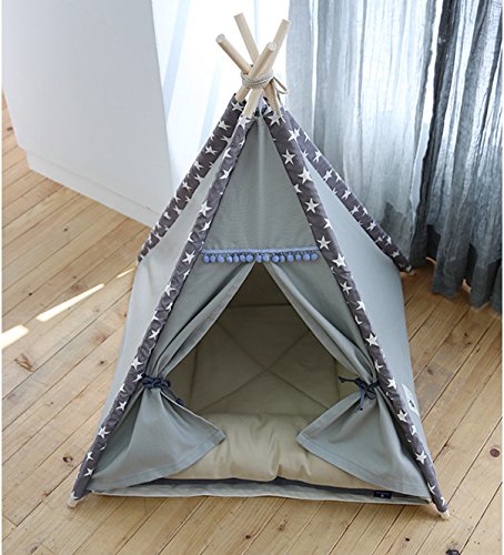 Lily&her friends – Teepee para mascotas hecho de lona de madera y algodón, lavable, cama para perro y gato, tiendas de campaña para perros, casas de mascotas de diseño indio con cojín, cuatro ángulos