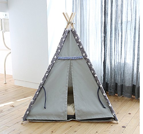 Lily&her friends – Teepee para mascotas hecho de lona de madera y algodón, lavable, cama para perro y gato, tiendas de campaña para perros, casas de mascotas de diseño indio con cojín, cuatro ángulos