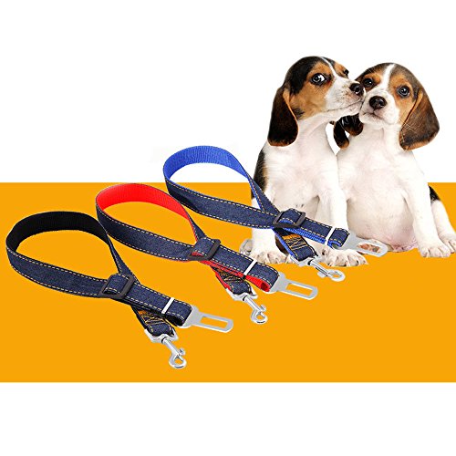 Linwnil 3 paquetes de cinturón de seguridad ajustable para mascota, perro, gato, coche, correa de seguridad, cinturón de seguridad, tela vaquera de nailon, color negro, rojo, azul