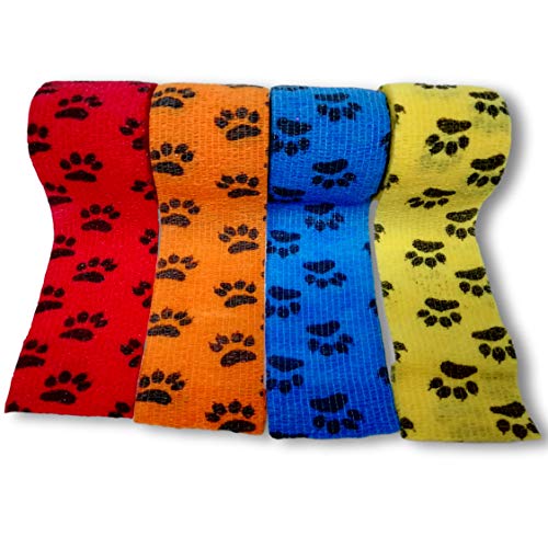 LisaCare Vendaje para patas, 5 cm x 4,5 m, juego de 4 con diseño de patas, mezcla de colores, vendaje cohesivo, vendaje para heridas, vendaje elástico, autoadhesivo, sin pegamento