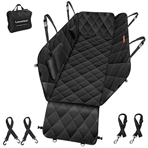 Looxmeer Funda Asiento Coche Perros, Cubierta Asiento Coche Mascota, Alfombra Asiento Coche Perro con Cinturón de Seguridad, Protector Maletero Coche Perros Impermeable, Negro