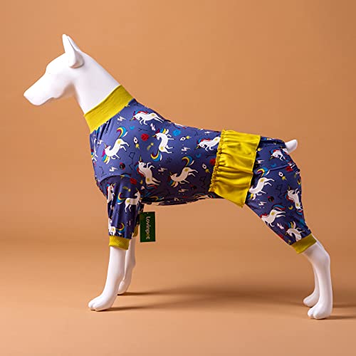 LovinPet Pijama de unicornio para perros después de la cirugía/estampado de cohetes de unicornio de colores grises/cobertura completa para perros grandes, pijama de perro de raza grande