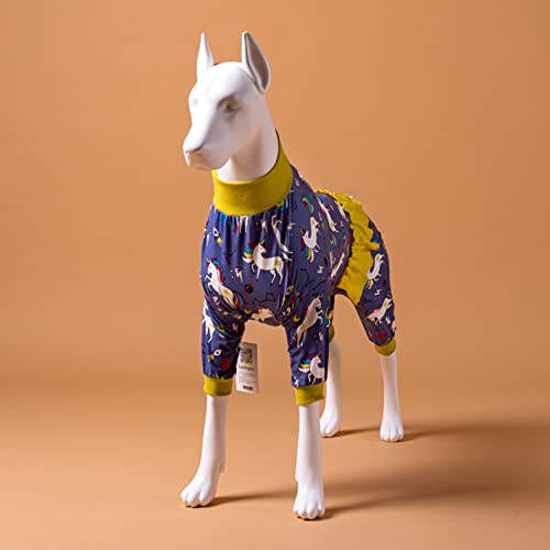 LovinPet Pijama de unicornio para perros después de la cirugía/estampado de cohetes de unicornio de colores grises/cobertura completa para perros grandes, pijama de perro de raza grande