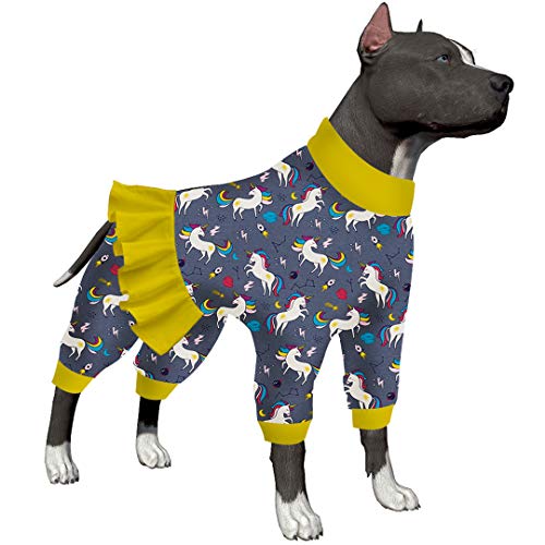 LovinPet Pijama de unicornio para perros después de la cirugía/estampado de cohetes de unicornio de colores grises/cobertura completa para perros grandes, pijama de perro de raza grande