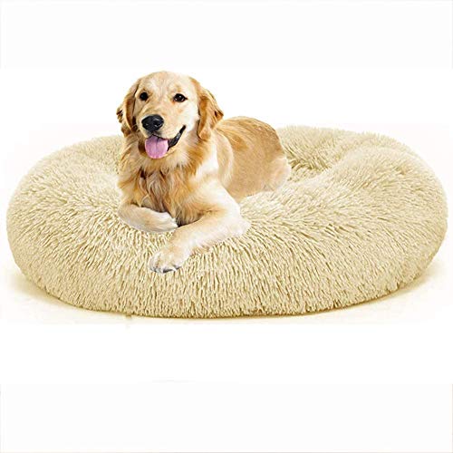 LRuilo Camas extra gigantes de felpa para perros, cama redonda y cálida, para perros, lavable, cómoda cama para perros grandes y medianos (L-80 cm, beige)