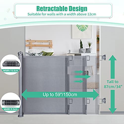 LSZE Barrera Seguridad Niños Escalera Extensible 0-150cm Retráctil Vallas para Bebés, Niños,Perros y Mascotas,Puertas de Seguridad Enrollables para Escaleras,Pasillos,Interiores y Exteriores(Gris)