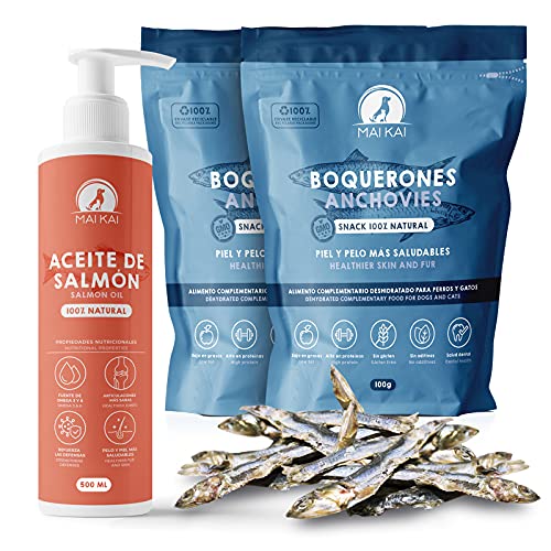 MAIKAI Aceite de Salmon Perros (500ml) + Chuches para Perros - Gatos - 100% Naturales (2X Snacks deshidratados) - Premios para Perros. Antiinflamatorio para Perros (BOQUERONES) Regalo Perros