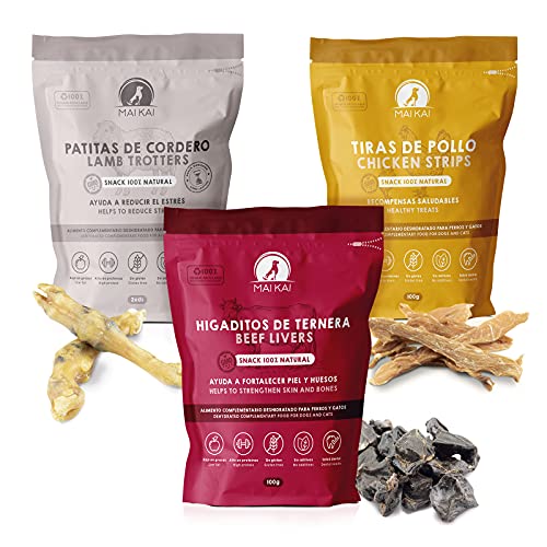 MAIKAI Chuches para Perros -3 Snacks 100% Naturales (Patitas de Cordero - Higaditos de Ternera y Tiras de Pollo)- Premios para Perros Todos tamaños - Especial Perros pequeños - Snacks para Perros