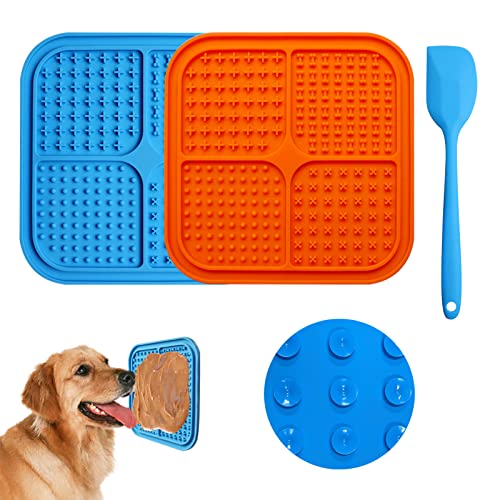 MAIKEHIGH Almohadilla para Lamer Perro, sin BPA, 2 Alfombrilla para Lamer Perros con 1 Espátula de Silicona, para Entrenamiento y Cuidado de Baño de Mascotas (Azul, Naranja)