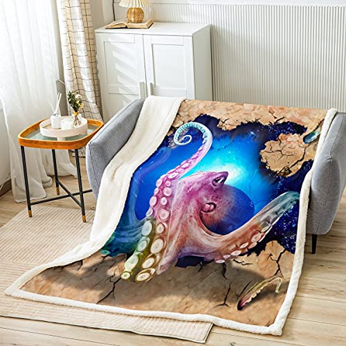 Manta 3D de pulpo, manta de forro polar de tentáculos de pulpo, manta de cama de reptiles azul océano océano náutico, manta difusa, acuario, selfe, cuna, decoración de 50 x 60 pulgadas