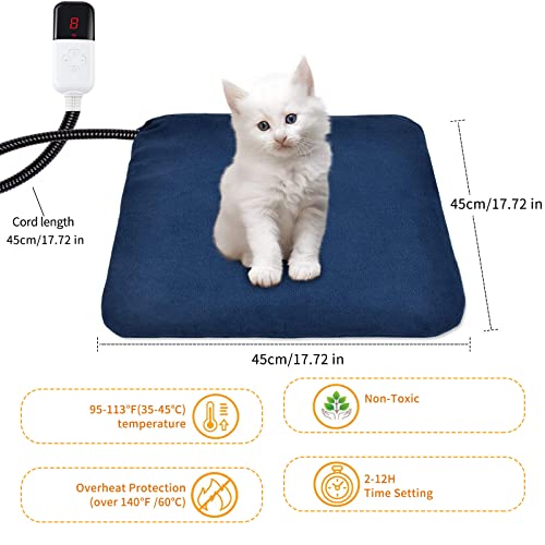 Manta Eléctrica para Perros y Gatos, Almohadilla Térmica para Mascotas con Ajustable Temporizador y Temperatrue, Antichoque, Protección Contra el Sobrecalentamiento 45*45cm