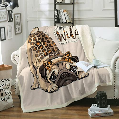 Manta Suave mullida,Manta Forro Polar,cálida acogedora,Manta sofá,Manta Felpa Muy Suave para niños Mascotas Adulto,Manta Viaje, Extra mullida Felpa,Perro Mascota Pug con Estampado Leopardo Salvaje