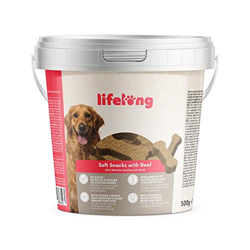 Marca Amazon - Lifelong - Treats para perros, ricos en proteínas, con vacuno (4 botes x 500gr)