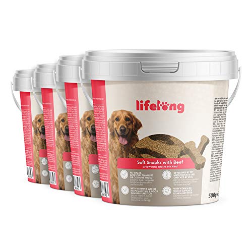 Marca Amazon - Lifelong - Treats para perros, ricos en proteínas, con vacuno (4 botes x 500gr)