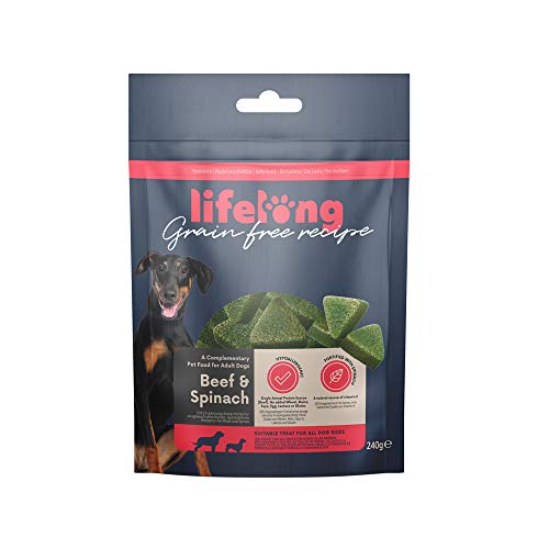 Marca Amazon - Lifelong - Treats para perros, sin trigo, con mono-proteína, con vacuno y espinaca (4 packs x 240gr)