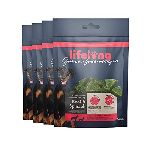 Marca Amazon - Lifelong - Treats para perros, sin trigo, con mono-proteína, con vacuno y espinaca (4 packs x 240gr)