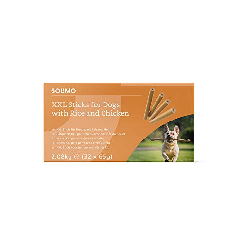 Marca Amazon - Solimo - Treats para perros: pollo y arroz, stick dentales sin aromatizantes artificiales (32 piezas x 65 gr)