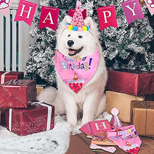 Mascotas Decoraciones de Cumpleaños, Regalo Set de Cumpleaños para Mascotas, Bufanda y Pancarta Triangular para Mascotas, Sombrero de Cumpleaños de Mascotas para Perro, Gato (Rosa)