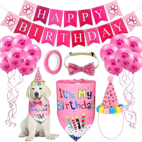 Mascotas Decoraciones de Cumpleaños, Regalo Set de Cumpleaños para Mascotas, Bufanda y Pancarta Triangular para Mascotas, Sombrero de Cumpleaños de Mascotas para Perro, Gato (Rosa)