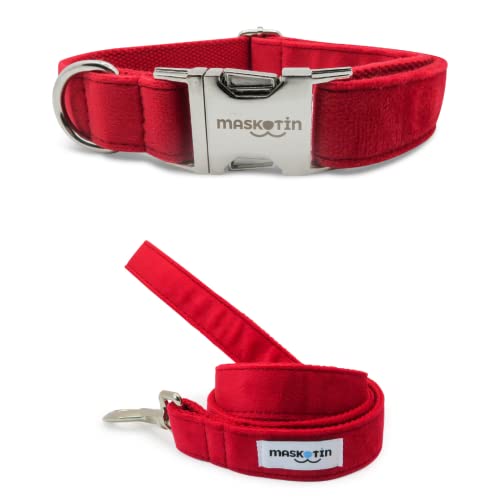 Maskotin Collar y Correa para Perros pequeños, Juego de Collar y Correa para Perro. Cómodo y Fiable (2 Piezas a Conjunto) (S, Red Velvet)