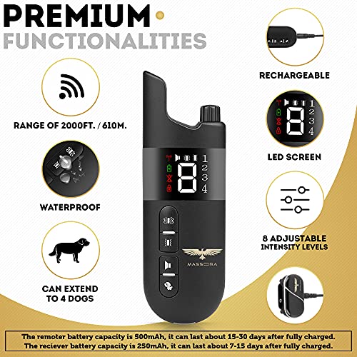 MASSORA Collar de adiestramiento para perro con control remoto – Alcance de 610 m – Con Vibración y Sonido – Sin Choque Estático – Impermeable y Recargable