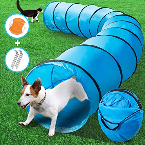 MASTERTOP 5,25M Túnel de Entrenamiento para Perros Plegable Ø60CM Túnel Largo Juguete de Ejercicio para Gato, Gatito, Cachorro, Conejo y Otras Mascotas con 1 Frisbee, 8 Estacas y Bolsa de Transporte