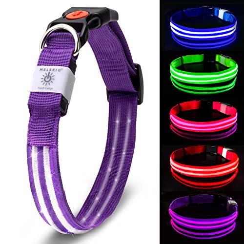 MELERIO Collar Luminoso Perro de Mascota 3 Modos Collar Perro Luz con Recargable y Impermeable, Ajustable Collares LED para Perros Pequeños/Medianos/Grandes