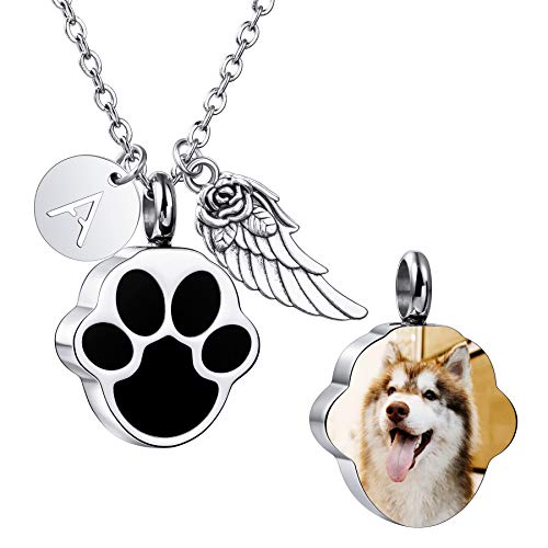 MeMeDIY Collar con Colgante de Urna de Cenizas Estampado Pata Corazón Personalizado Nombre/Foto/Fecha para Mujeres Hombres Perro Conmemorativo Gato Mascota Recuerdo con Llavero, Kit de Relleno Embudo